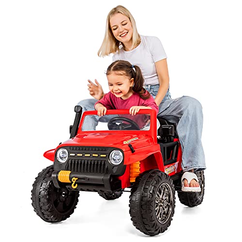 Merax Kinder Elektroauto, Eltern-Kind-Fahren, 3 Sitzen Kinderfahrzeug mit Fernbedienung, Sanftanlauf, USB-Bluetooth, Hupe, Frontlicht, 3-7km/h, 100 kg belasten, für Kinder ab 3 Jahren, Rot von Merax