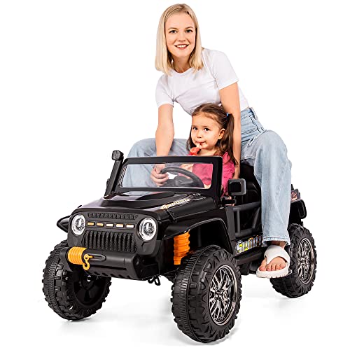 Merax Kinder Elektroauto, Eltern-Kind-Fahren, 3 Sitzen Kinderfahrzeug mit Fernbedienung, Sanftanlauf, USB-Bluetooth, Hupe, Frontlicht, 3-7km/h, 100 kg belasten, für Kinder ab 3 Jahren, Schwarz von Merax