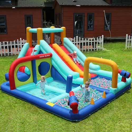 Merax Kinder-Hüpfburg mit Gebläse, Multifunktionaler Spielplatz für Garten mit Outdoor-Wasserpark, Doppelrutschen-Wasserrutsche, Kletterwand, für trockene & nasse Nutzung, einfach aufzublasen von Merax