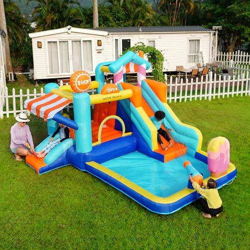 Merax Kinder-Hüpfburg mit Gebläse, Multifunktionaler Spielplatz für Garten mit Wasserpark, Trampolin, Wasserrutsche, kleine Rutsche, Springbrunnen, für trockene & nasse Nutzung, einfach aufzublasen von Merax