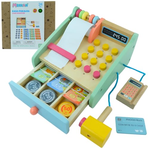 MERKAN, Holzkasse mit Zubehör, ausgestattet mit Nummerntastatur, Zubehörkasse, Spielkasse, Rechner und Holzscanner, für Kinder ab 3 Jahren MERKAN, Holzkasse mit Zubehör, ausgestattet mit Nummerntastatur, Zubehörkasse, Spielkasse, Rechner und Holzscanner, für Kinder ab 3 Jahren von Merkan