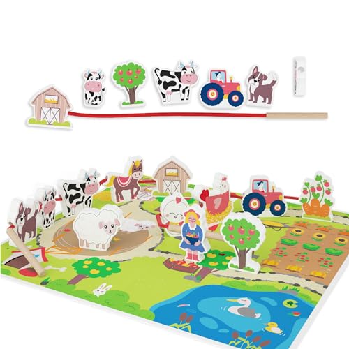 Merle Toys® Fädelspiel auf dem Bauernhof: Montessori Spielzeug für Kinder ab 2 Jahren, Motorikspielzeug aus Holz, Kinderspielzeug, Holzspielzeug mit 12 Holzfiguren und Spielbrett von Merle Toys
