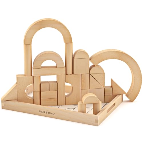 Merle Toys® Holzbausteine ab 2 3 4 Jahren, Bauklötze aus Holz, Montessori Kindergarten Spielzeug, Holzspielzeug, Lernspielzeug, Kreativ-Set aus 30 Bausteinen von Merle Toys