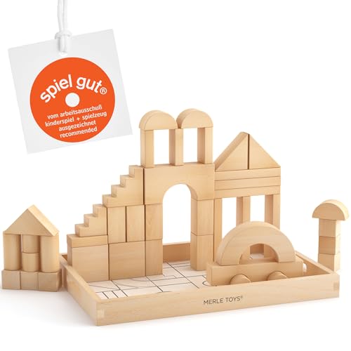 Merle Toys® Holzbausteine ab 2 3 4 Jahren, Bauklötze aus Holz, Montessori Kindergarten Spielzeug, Holzspielzeug, Lernspielzeug, Kreativ-Set aus 46 Bausteinen von Merle Toys