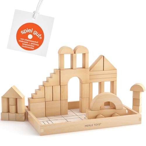 Merle Toys® Holzbausteine ab 2 3 4 Jahren, Bauklötze aus Holz, Montessori Kindergarten Spielzeug, Holzspielzeug, Lernspielzeug, Kreativ-Set aus 46 Bausteinen von Merle Toys