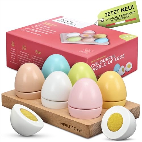 Merle Toys® Holz Eier Spielzeug für Kinder ab 2 Jahren – 6 bunte Eier für Kaufladen, Holzeier Kinderküche Zubehör Holz, Klett in Dotter-Farbe, realistische Größe L, fördert Feinmotorik und Rollenspiel Merle Toys® Holz Eier Spielzeug für Kinder ab 2 Jahren – 6 bunte Eier für Kaufladen, Holzeier Kinderküche Zubehör Holz, Klett in Dotter-Farbe, realistische Größe L, fördert Feinmotorik und Rollenspiel von Merle Toys