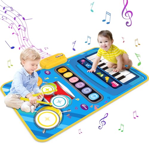 Musikmatte Kinder Spielzeug, 2-in-1 Piano Trommel Musikalische Klaviermatte für Kleinkinder, Pädagogisches Spielzeug Interaktiv Spielmatte Geschenke Geburtstag für Jungen Mädchen Baby 3 4 5+ Jahre von Mermoe
