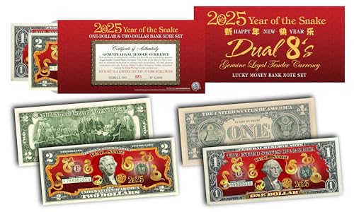2025 Chinesisches Mondneujahr der Schlange, goldenes Hologramm, bunt, zwei Dollar Federal Reserve Note, Sammlerstück, blauer Displayhalter und Zertifikat 2025 Chinesisches Mondneujahr der Schlange, goldenes Hologramm, bunt, zwei Dollar Federal Reserve Note, Sammlerstück, blauer Displayhalter und Zertifikat von Merrick Mint