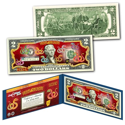 Chinesisches Mondneujahr der Schlange, 2025, polychromatisch, 8 farbige Schlangen, unzirkuliert, Zwei-Dollar-Schein, Sonderausgabe in blauem Sammler-Folio-Display Chinesisches Mondneujahr der Schlange, 2025, polychromatisch, 8 farbige Schlangen, unzirkuliert, Zwei-Dollar-Schein, Sonderausgabe in blauem Sammler-Folio-Display von Merrick Mint