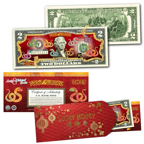 Chinesisches Mondneujahr der Schlange 2025, polychromatisch, 8 farbige Schlangen, unzirkuliert, Zwei-Dollar-Schein, Sonderausgabe in rotem Glücksumschlag Chinesisches Mondneujahr der Schlange 2025, polychromatisch, 8 farbige Schlangen, unzirkuliert, Zwei-Dollar-Schein, Sonderausgabe in rotem Glücksumschlag von Merrick Mint