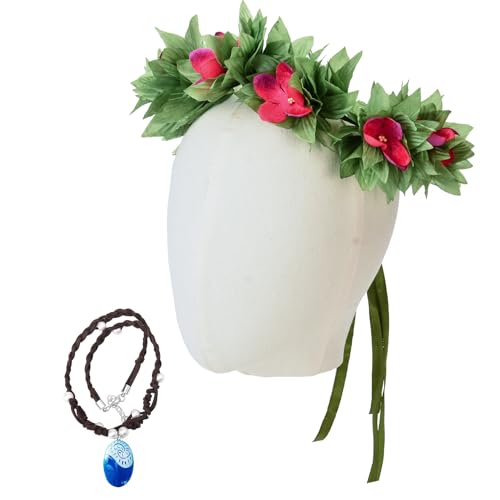 Merroyal Hawaiianische Prinzessin Kostüm Set, Blumengirlande Stirnband mit Hot Pink Blumen, verstellbare Halskette, handgefertigt (Grün und Hot Pink) von Merroyal