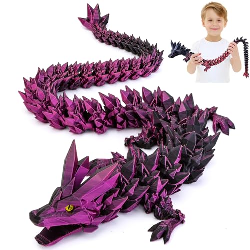 3D Gedrucktes Drache, 60CM Drachen Spielzeug mit Augen, Geheimnisvolle Realistische Drachen Figuren, Ewegliche Gelenke Kristall Drachen Deko Schreibtischspielzeug (Mysteriös Schwarzvioletter Drache) von Merrwon
