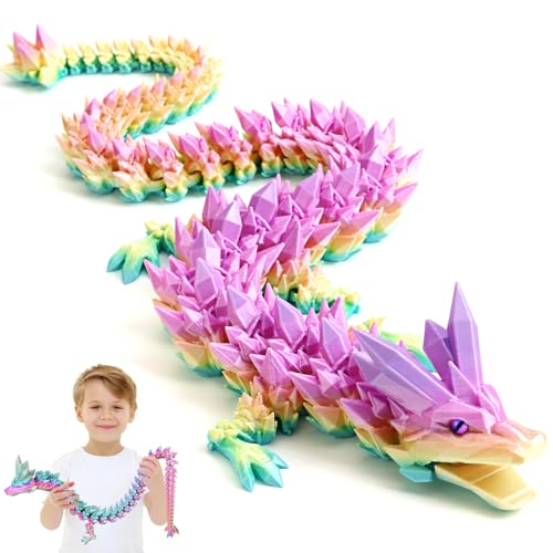 3D Gedrucktes Drache, 60CM Drachen Spielzeug mit Augen, Geheimnisvolle Realistische Drachen Figuren, Ewegliche Gelenke Kristall Drachen Deko Schreibtischspielzeug (Traumhafte Farbpulver Drache) von Merrwon