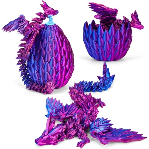 3D Gedrucktes Drachenei mit Drache mit Flügeln, 22CM Fliegender Drachen Spielzeug, Drache im Ei und Ewegliche Gelenke Kristall Drache mit drei Magnetverschlüssen, Schreibtisch Dekoration (Blauviolett) von Merrwon