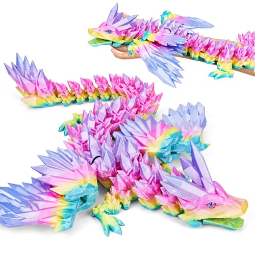 Merrwon 3D Gedrucktes Drache, 45CM Drachen Spielzeug mit Augen, Geheimnisvolle Realistische Drachen Figuren, Ewegliche Gelenke Kristall Drachen Deko (Traumhafte Farbpulver Drache mit Flügeln) von Merrwon