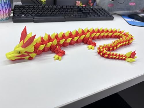 Merrwon 3D Gedrucktes Drache, 60CM Drachen Spielzeug mit Augen, Geheimnisvolle Realistische Drachen Figuren, Ewegliche Gelenke Kristall Drachen Deko (Mystischer Rot-Gelb Drache) von Merrwon