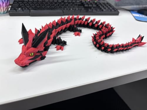 Merrwon 3D Gedrucktes Drache, 60CM Drachen Spielzeug mit Augen, Geheimnisvolle Realistische Drachen Figuren, Ewegliche Gelenke Kristall Drachen Deko (Mystischer Rot-Schwarz Drache) von Merrwon