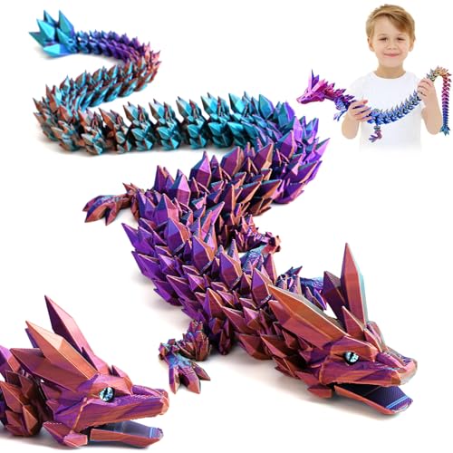 3D Gedrucktes Drache, 60CM Drachen Spielzeug mit Augen, Geheimnisvolle Realistische Drachen Figuren, Ewegliche Gelenke Kristall Drachen Deko Schreibtischspielzeug (Magischer Farbverlaufsdrache) von Merrwon