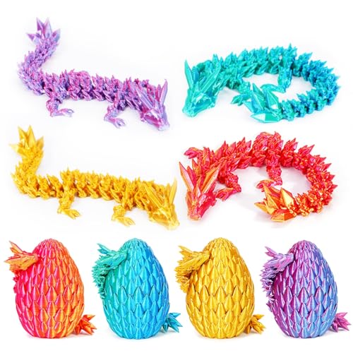Merrwon 4er Set Miniatur 3D Drache im Ei, 3D Gedrucktes Drachenei mit Drache, Ewegliche Gelenke Kristall Drache mit Drachenei, Drachen Spielzeug–Bunte Designs für Ostergeschenk (4 Farben, 4 Drachen-D) von Merrwon