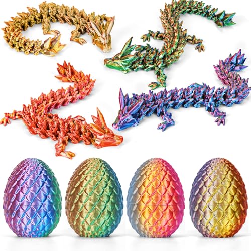 Merrwon 4er Set Miniatur 3D Drache im Ei, 3D Gedrucktes Drachenei mit Drache, Ewegliche Gelenke Kristall Drache mit Drachenei, Drachen Spielzeug–Bunte Designs für Ostergeschenk (4 Farben, 4 Drachen-J) von Merrwon