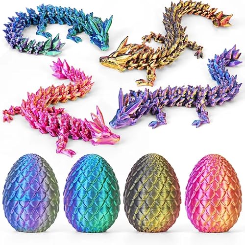 Merrwon 4er Set Miniatur 3D Drache im Ei, 3D Gedrucktes Drachenei mit Drache, Ewegliche Gelenke Kristall Drache mit Drachenei, Drachen Spielzeug–Bunte Designs für Ostergeschenk (4 Farben, 4 Drachen-I) von Merrwon
