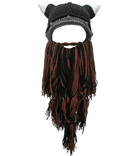 MerryJuly Herren Head Barbarian Vagabond Beanie Original Faltbare Bartmützen Wikingerhörner Bartmützen (Wikingerhörner & brauner schwarzer Bart) von MERRYJULY
