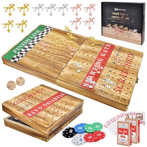 MerryPony 21 Zoll großes Pferderennspiel mit 11 Metallpferden, klappbares Massivholz-Brettspiel mit 100 Pokerchips, 2 Würfel und 2 Kartenpaketen für von MerryPony