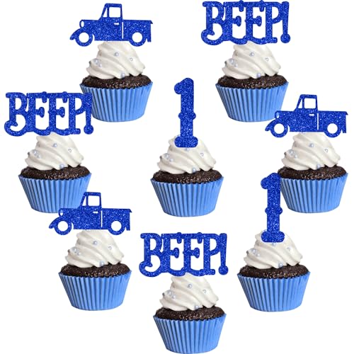 Cupcake-Topper für den 1. Geburtstag, blauer LKW, Piepton, Piepton, Kuchendekorationen für Jungen, Bauernhof-Thema, Party-Dekoration, Glitzer, Kuchendekoration, Auto-Themen-Partyzubehör, 24 Stück Cupcake-Topper für den 1. Geburtstag, blauer LKW, Piepton, Piepton, Kuchendekorationen für Jungen, Bauernhof-Thema, Party-Dekoration, Glitzer, Kuchendekoration, Auto-Themen-Partyzubehör, 24 Stück von Merrystorm