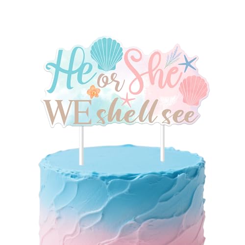 Er oder sie wir Shell sehen Kuchen Topper Seashell Geschlecht Enthüllen Dekorationen Shell Picks Floral Shell Starfish Kuchen Dekor für Frauen unter dem Meer Junge oder Mädchen Baby Dusche Zubehör von Merrystorm