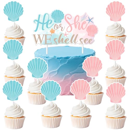 Seashell Geschlecht Enthüllen Dekorationen Er oder Sie Wir Shell See Cake Cupcake Topper Ocean Shell Cake Picks Floral Shell StarfishDekorationen für Frauen unter dem Meer Baby Dusche Zubehör von Merrystorm