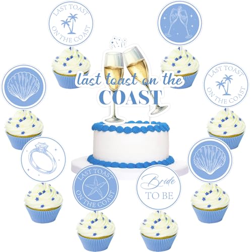 Tortenaufleger mit Aufschrift "Last Toast on the Coast" für Junggesellinnenabschied, blauer Champagner, Diamantring, Kokosnussbaum, Cupcake-Topper für Verlobung, Brautparty, Junggesellinnenabschied Tortenaufleger mit Aufschrift "Last Toast on the Coast" für Junggesellinnenabschied, blauer Champagner, Diamantring, Kokosnussbaum, Cupcake-Topper für Verlobung, Brautparty, Junggesellinnenabschied von Merrystorm
