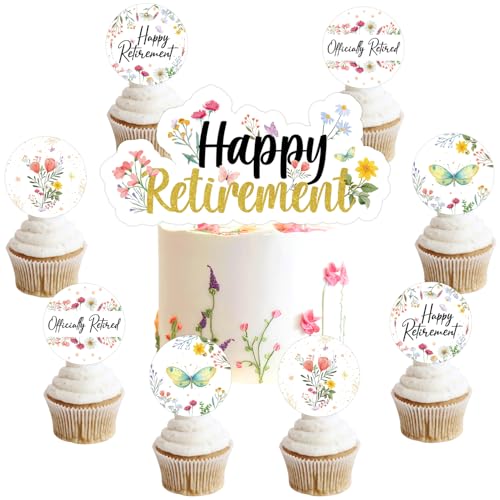 Tortenaufsatz mit Wildblumen-Motiv, "Happy Retirement", offizieller Ruhestand, Cupcake-Topper, floraler Ruhestand, Party-Dekoration für Frauen, Ruhestand, Partyzubehör von Merrystorm