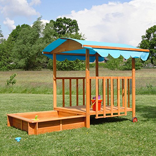 Sandkasten aus Holz Boot Segelschiff Priantenschiff Sandkiste Sandbox mit roter Flagge, Abdeckung, Vlies Bodenplane, Flaggenmast & Steuerrad für Kinder von Merschbrock Trade GmbH