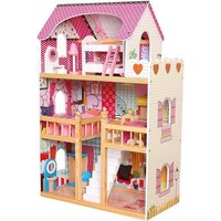 Bino 83554 - Puppenhaus mit drei Etagen, möbliert, 17-teilig, Holz, 90x60x30cm von Mertens GmbH