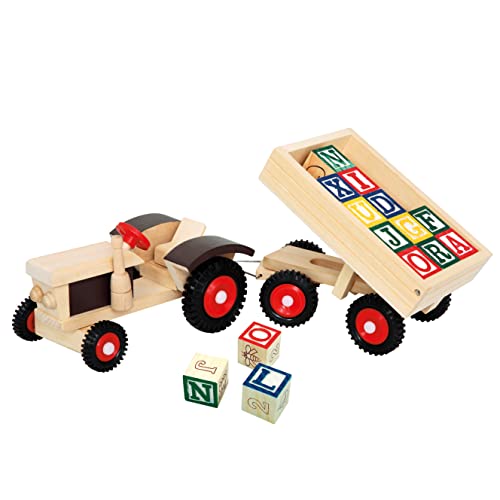 Bino & Mertens 82077 Traktor mit ABC-Anhänger, Spielzeug für Kinder ab 3 Jahre, Motorikspielzeug (Holzspielzeug mit 17 Teilen, Kinderspielzeug inkusive 15 Würfel mit Zahlen, Buchstaben & Motiven), Mehrfarbig von Bino world of toys