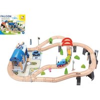 Bino 82262 - Holzeisenbahn mit Brücke, Polizeistation, Hubschrauber und viel Zubehör, Falcon, Holz-Eisenbahn-Set, 90-teilig von Mertens