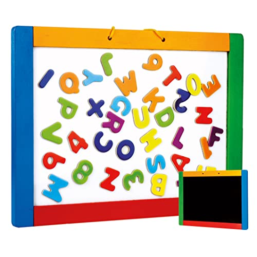 Bino & Mertens 83651 magnetische Hängetafel mit bunten Buchstaben, Spielzeug für Kinder ab 3 Jahre, Kinderspielzeug (Magnettafel zum Beschriften, Schieferseite, Hängeschlaufe & magnetische Buchstaben), Mehrfarbig von Bino world of toys