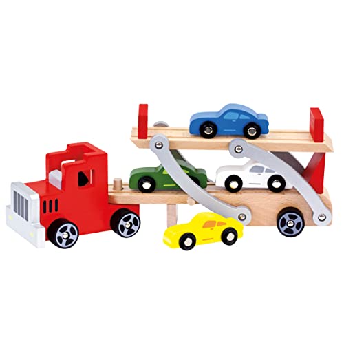 Bino Holz-Autotransporter Holzspielzeug Spielzeug für Kinder ab 3 Jahre (9-Teilig, verstellbare Laderampe, 4 Spielzeugautos, abnehmbarer Anhänger, Maße: 37,5 x 8,5 x 13,5 cm), Bunt von Bino world of toys