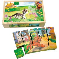 Bino 84175 - Bilderwürfel Haustiere, 15-teilig, Holz, Holzbox mit Schiebedeckel von Mertens
