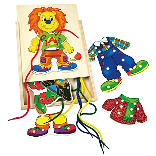 Bino Nähbox Leo, Spielzeug für Kinder ab 3 Jahre (Holzspielzeug zur Förderung kindlicher Fähigkeiten, buntes Motorikspielzeug, Kinderspielzeug mit Vorlagen, Fädelschnüren & Aufbewahrungsbox), 88102 von Bino world of toys