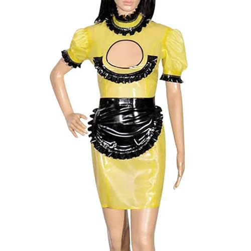 Gelb und Schwarz Sexy Französisches Dienstmädchen Latex Uniform Outfit mit Schürze Offene Vorderseite Puff Ärmel Gummikleider - schwarz und weiß Besatz - weiblich L von MesKeL