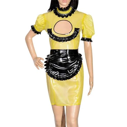 Gelb und Schwarz Sexy Französisches Dienstmädchen Latex Uniform Outfit mit Schürze Offene Vorderseite Puff Ärmel Gummikleider - weiß und schwarz Besatz - weiblich S von MesKeL