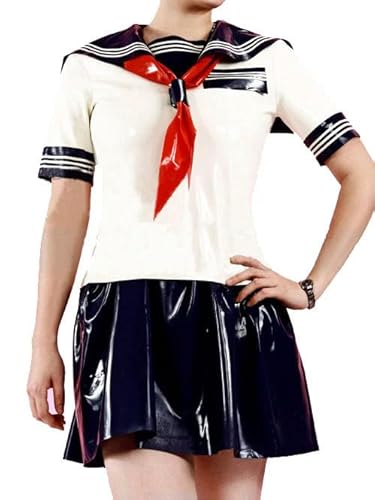 Latexkleider, japanische JK-Uniform, Latex, Matrosenanzug mit Rock, Shorts, 2 Stück, Fetisch-Gummi-Clubwear mit rotem Schal, schwarz, individuell von MesKeL