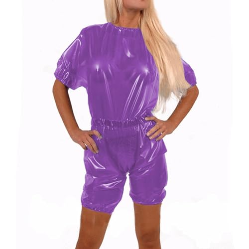 MesKeL 100% Latex-Gummi-Catsuit, kurzärmelige, lockere Uniformen, sexy Anzug, Größe XS~XXL-LILA-L von MesKeL