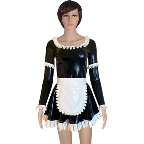 MesKeL Latex French Maid Dress With Long Sleeves Frills Zippers Back White Apron Bows Rubber Uniform Bodycon Playsuit -black with white-female L von MesKeL