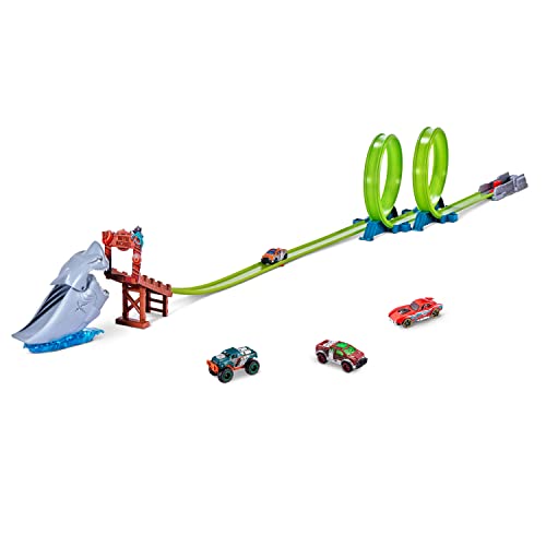 Metal Machines Shark Attack Building Trackset mit Mini-Rennwagen, Diecast Spielset von Zuru