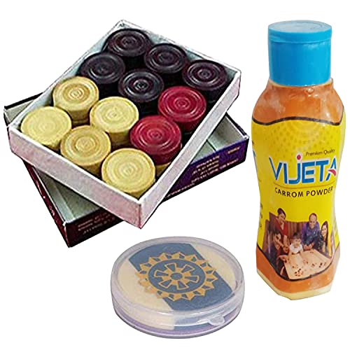 Metallic India Carrom Combo P – 50 g Vijeta Carrom-Pulver, 1 Set Holzmünzen und 1 Acryl-Schläger von Metallic India