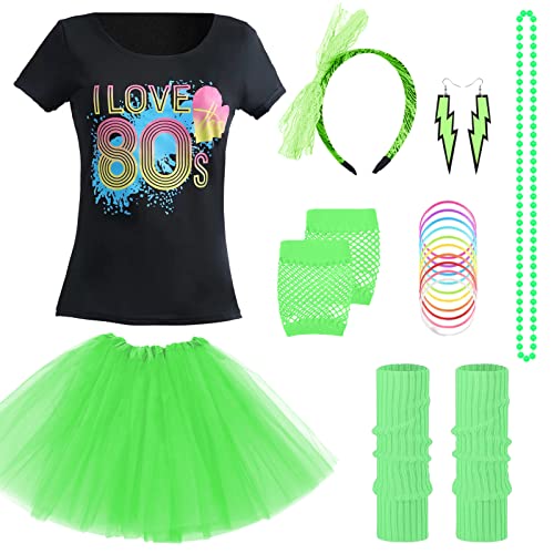 Metaparty Mottoparty 80er 90er Jahre Kostüm 8-teiliges Set T-Shirt, Tutu,80er Jahre Kleidung Kostüm Damen 80er Jahre Frauen Karneval Ankleiden Satz (Grün1,M von Metaparty