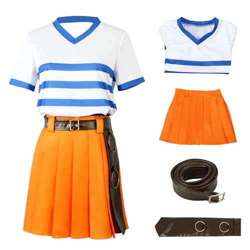 Metaparty Pirate King One Piece Dress Cosplay Kostüm for Girls Real Live Version T-Shirt Pleated Skirt Set School Outfits Halloween Suit, Orange Skirt Belt Shirt Anime Pirate Outfit for Women (XXL) von Metaparty