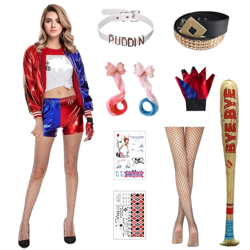 Metaparty Quinn Cosplay Kostüme Kinder Damen Suicide Squad Halloween Kostüm Superheld Cosplay Kostüm Kit enthalten Handschuhe Jacke T-shirt Shorts Halskette für Karneval Cosplay Erwachsene, L von Metaparty